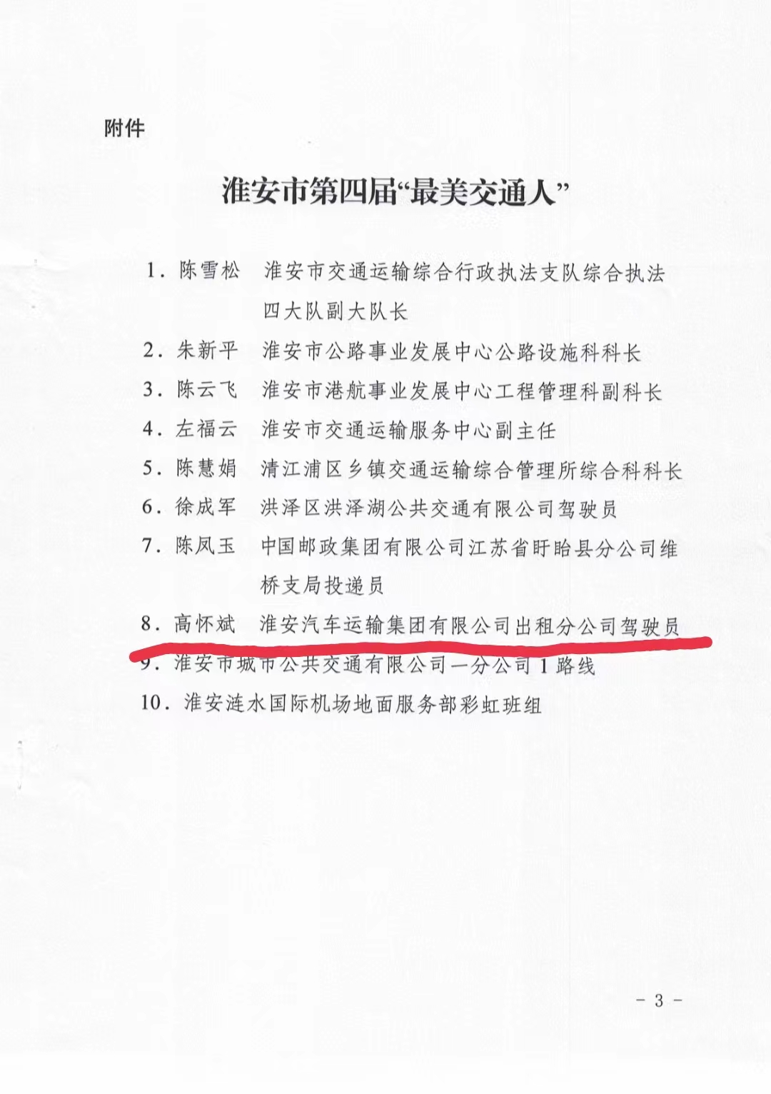 高怀斌荣获淮安市第四届“最美交通人”称号