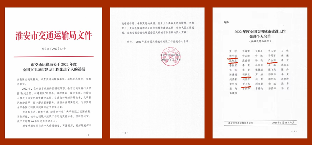公司近年获省、市、区各级行政管理部门表彰的先进个人