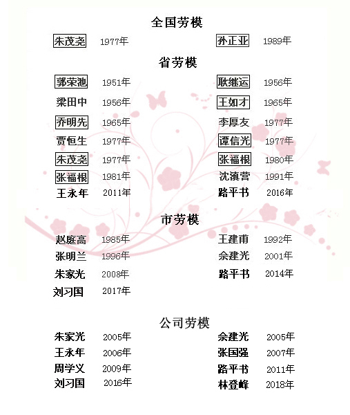 公司历年获全国、省、市、公司劳模名单